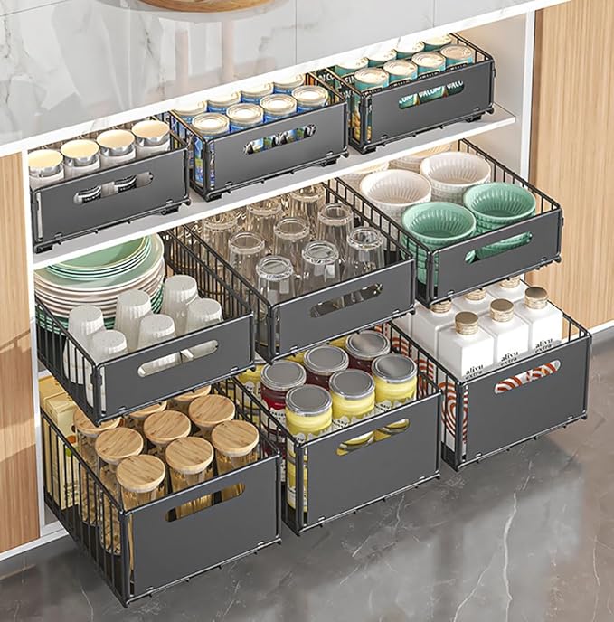 Pull Out Cabinet Organizer Slide Out Drawer Storage Shelves Cupboard Organiser Sliding Cabinet Basket for Kitchen No Drilling and Nailing (Black, 2Piece 9.8" W X15 D X 7.5" H)