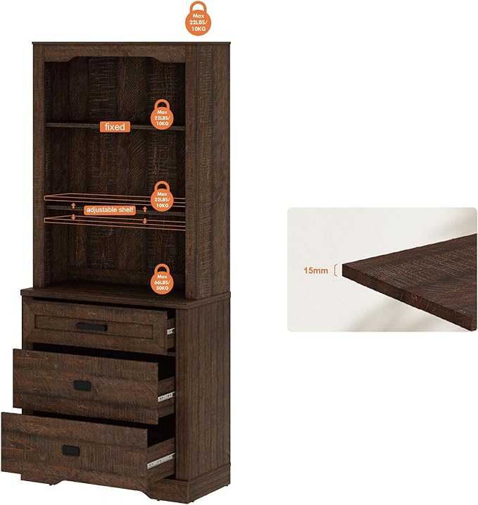 WAMPAT 3 Tier Pantry Cabinet with Drawer,73.3" Tall Floor Standing Cupboard,Modern Farmhouse Display Kitchen Buffet with Adjustable Shelves for Dining Room,Living Room,Rustic Brown