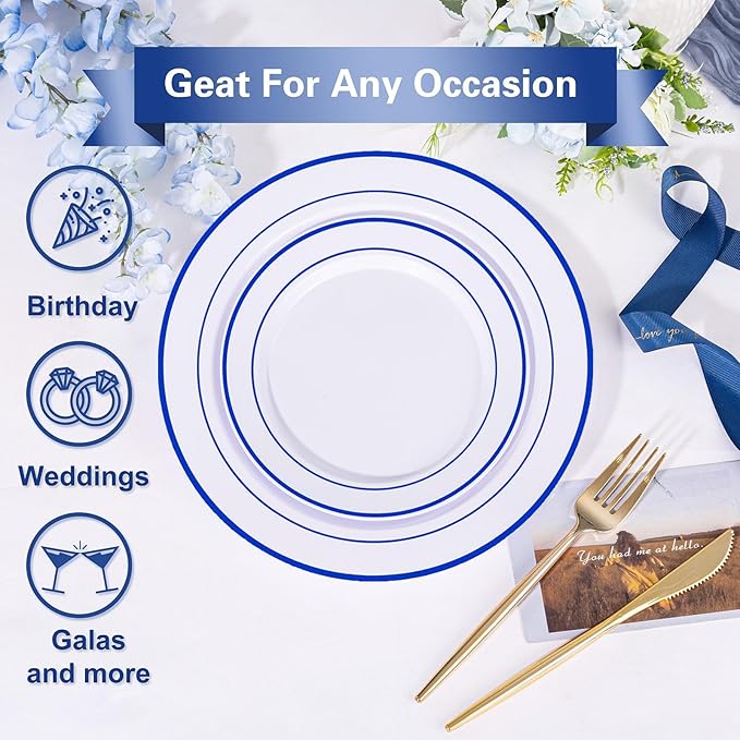 U-QE 100pcs Blue Plastic Plates for Party - Blue Plates Disposable Heavy Duty - Premium Plates Include 50 10" Dinner and 50 7" Dessert Plate, Perfect for Party, Wedding & Birthday