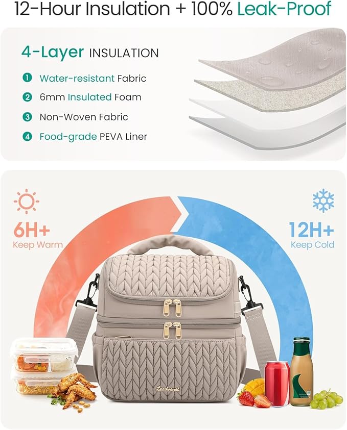 LEADVENST Lunch Bag Women, Double Deck Insulated Lunch Box - Large Capacity 12L with Detachable Divider for Tall Items, Leakproof, Durable & Reusable Cooler Bag For Work Picnic Travel, Quilted Khaki