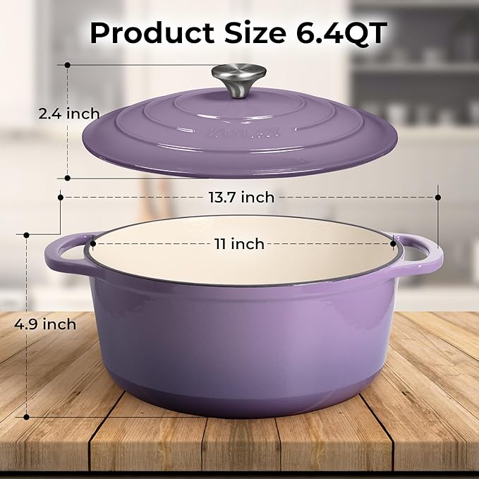 Zulay Kitchen 6 Quart Enameled Cast Iron Dutch Oven Pot with Lid ??Premium Durability & Oven Safe up to 500째F ??Heavy Duty Cookware Perfect for Bread Baking, Stews, Braising & Roasting ??Lavender Jade