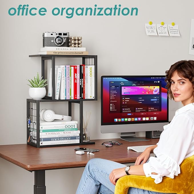Bookshelf Desk Organizer竊?-Tier Shelf for Top of Desk Workspace Organizers for Office Accessories, Black