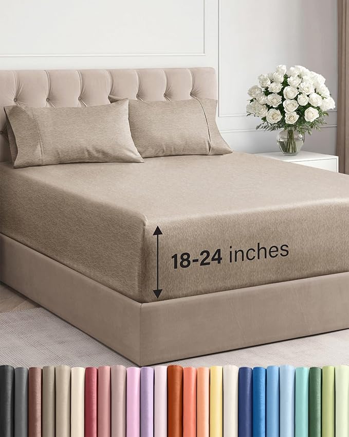 Extra Deep Pocket Cal King Sheets - 4 Piece Breathable & Cooling Bed Sheets - Hotel Luxury Bed Sheet Set - Soft, Wrinkle Free & Comfy - Easily Fits Extra Deep Mattresses - Heathered Beige Sheets Set
