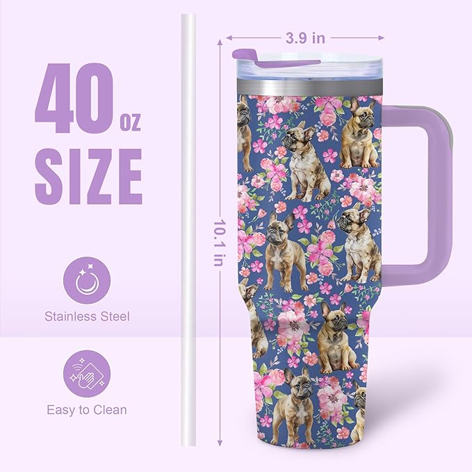 Yogusut Bulldog Gifts for Women, 40oz Stainless Steel Insulated Tumbler Travel Mug Cup with Handle Straw, Gifts for Dog Mom Dog Lover