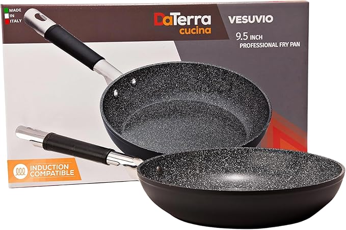 DaTerra Cucina - Nonstick Ceramic Frying Pan - Made in Italy - Oven & Induction Safe - High Heat Resistant Nonstick Cookware - Dishwasher Safe - Volcanic Black Speckled - 9.5"