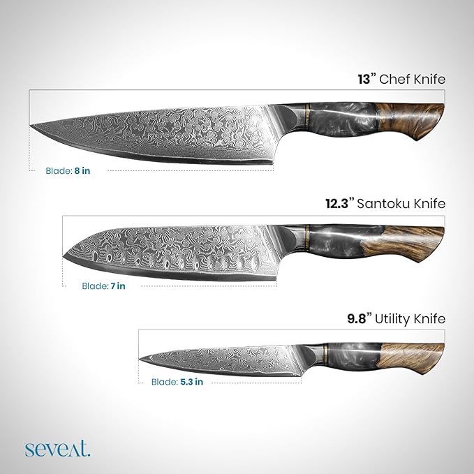 Damascus Kitchen Knife Set, 67-Layer Damascus Steel, 3-Piece Professional Set: 13??Chef, 12.3??Santoku & 9.8??Utility Knife, Ergonomic Wood & Resin Handle, Ideal for Gifting (Black, 3 pieces)