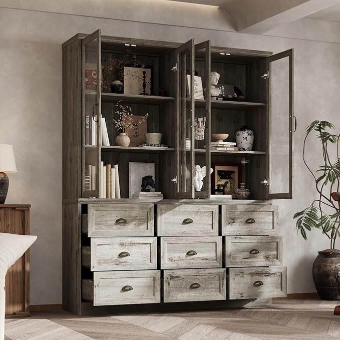 78.7" Tall Curio Display Cabinet for Collection, 3 Tier Bookshelf with 9 Drawers & 4 Tempered Glass Doors, Showcase Display Cabinets for Living Room with Adjustable Shelves, Antique Oak