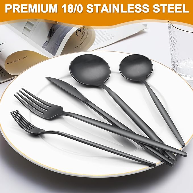 60 Pieces Black Silverware Set, Stainless Steel Flatware Set Service for 12, Tableware Cutlery Set, Utensils for Home, Restaurant, hotel, Include Knife Fork Spoon Set,Dishwasher Safe