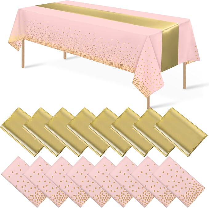 16Pack Disposable Plastic Tablecloths and Satin Table Runner Set Pink and Gold Dot Tablecloth Gold Satin Table Runner for Wedding Birthday Baby Shower Anniversary Christmas New Year Party Supplies