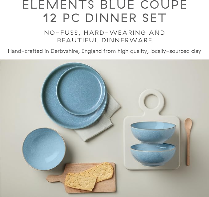 Denby - Elements Blue Dinner Set For 4-12 Piece Coupe Simple Ceramic Stoneware Tableware Set - Dishwasher Microwave Oven Safe - Scratch Chip Resistant
