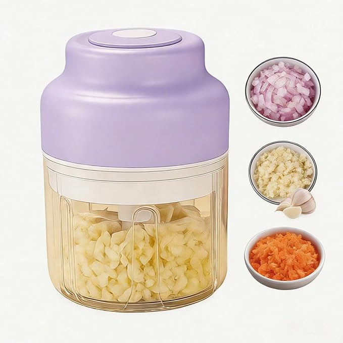 Electric Mini Garlic Chopper Set竊?-in-1 Wireless Garlic Chopper, USB Rechargeable Electric Mini Food Processor for Vegetable, Onion, Ginger, Nut -PC Container,Auto-Lock Safe Chopper Peeler Tool