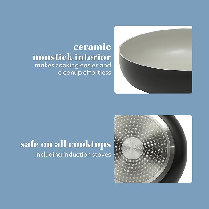 Sur La Table Kitchen Essentials Potluck Porch 4.5 Quart Saut챕 Pan, Deep Frying Pan Skillet w/Lid Aluminum PFA Free Ceramic Cookware Chef's Pan, Omelet Pan - Induction - Black