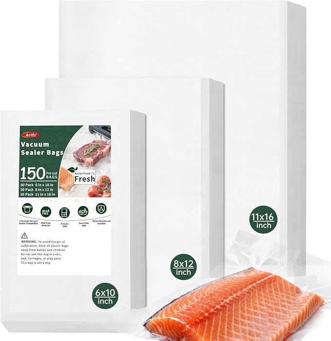 Aotto Vacuum Sealer Bags for Food - 150 Count Gallon 11" x 16" and Quart 8" x 12" and Pint 6" x 10 Commercial Grade BPA Free Vacuum Seal Bags for Food Storage, Meal Prep and Sous Vide
