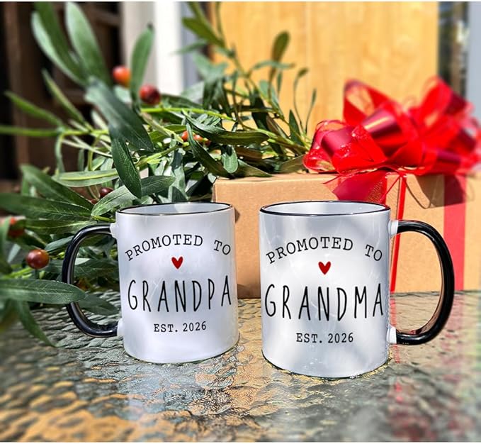 VLUG EST 2026 Promoted to Grandparents Mugs Set Gift for New Grandparents, First Time Grandpa Grandma Mugs Set, Pregnancy Reveal Announcement Mug Gifts, Baby Reveal Publicity Gift