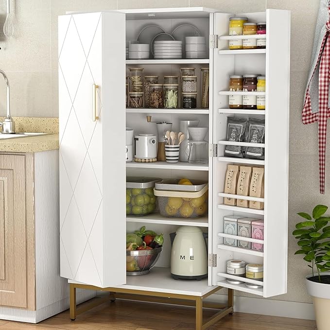 51??Kitchen Pantry Storage Cabinet, White Freestanding Pantry Cabinets with Doors and Adjustable Shelves, Buffet Cupboards Storage Cabinet for Home Office Use, Dinning Room(White + Gold)