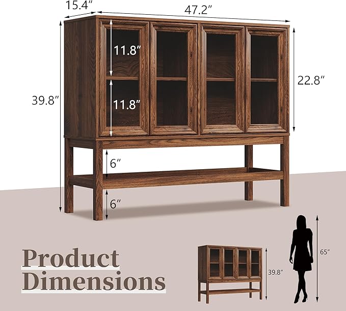 Sideboard Buffet Cabinet with Storage, Small Kitchen Coffee Wine Bar Cabinet with Glass Press-to-Open Doors, Wood Mid Century Modern Side Board Table for Dining Room, Living Room