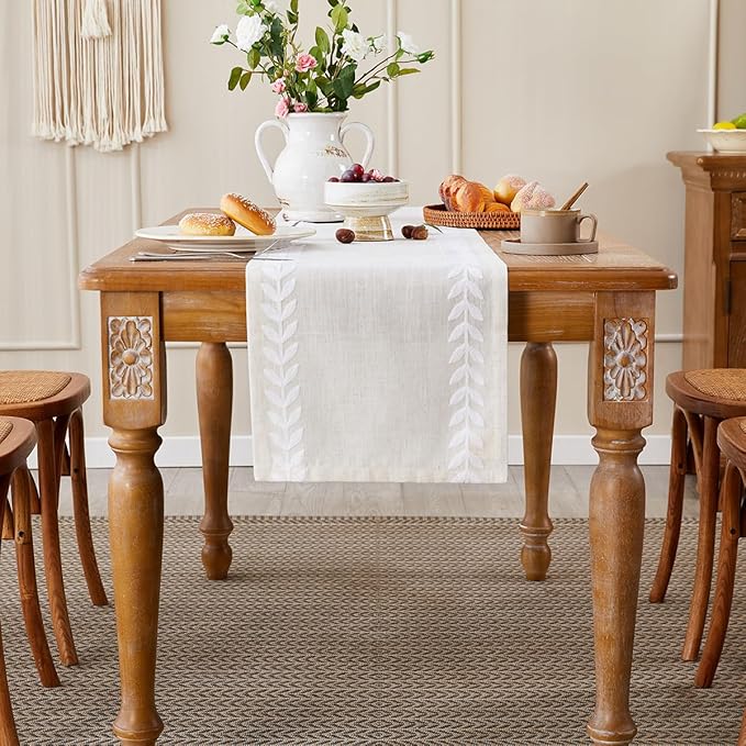Wracra Embroidered Table Runner Irregular Willow Leaf Table Runners 108 Inches Long for Dresser Home Dining Table Decor,14 x 108 Inch, White