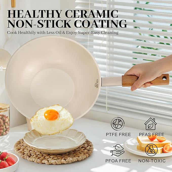 MARSKITOP Ceramic Wok with Lid, 9.5 Inch Stainless Steel Nonstick Stir Fry Pan with Wooden Handle, Compatible with All Stovetops, PFAS Free