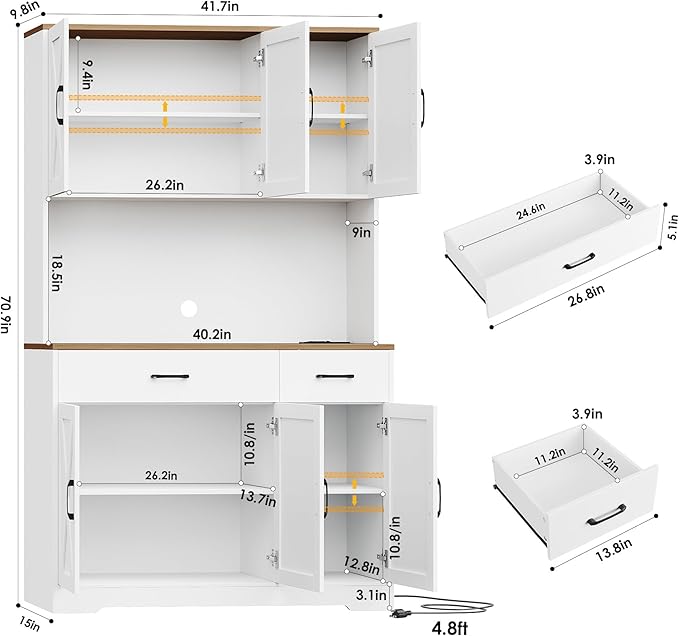 HOSTACK 71" Pantry Cabinet with Charging Station, Tall Kitchen Pantry Storage Cabinet with Microwave Stand, Farmhouse Kitchen Hutch with Storage Drawers for Living Room, Dining Room, White