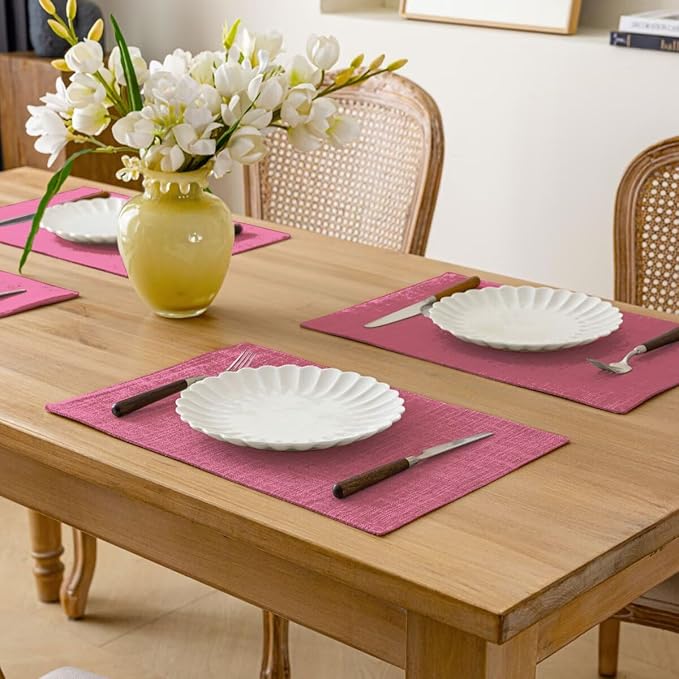 Aironment Placemats Set of 8, Bilayer Thickened Linen Place Mats Heat Resistant Machine Washable Wrinkle Free Carefully Selected Polyester Mats for Kitchen/Dining/Coffee Table (Pink)