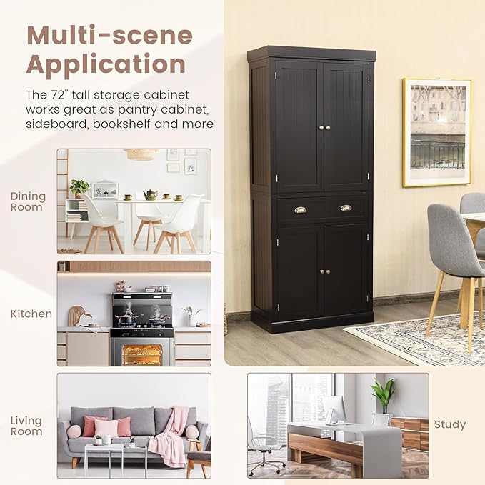 DORTALA 72??Tall Kitchen Pantry Cabinet, Wood Storage Cupboard w/ 4 Adjustable Shelves, 2 Cabinets & Drawer, Utility Freestanding Storage Cabinet for Kitchen, Hallway, Living Room, Brown