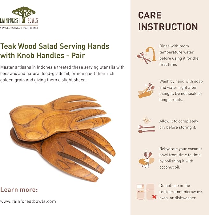 Rainforest Bowls Teak Wood Salad Serving Hands - Pair 4-Pack - Wooden Spork for Salad - 7 Inch - Artisan Made Flatware from Indonesia - Unique Handmade Kitchen/Dining Table Decor