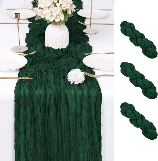 RealBox 3 Pack Emerald Green Cheesecloth Table Runner 17x108 Inch Semi Sheer Boho Gauze Cheese Cloth Fabric Table Runners Table Decor for Wedding Party Baby Shower Birthday Home Decor Garden Farmhouse