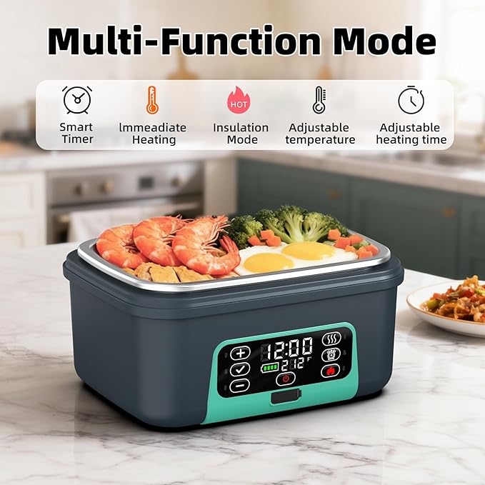 XL 6.3-Cups Cordless Electric Heated Lunch Box for Adults, 20000mAh Rechargeable Battery Powered Smart Self Heating Lunchbox for Men Women, 100W Food Warmer for Trucks Driver Travel Office Worker
