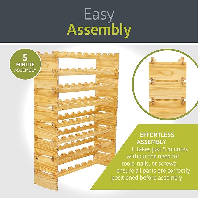 Pearington 72 Bottle Stackable Modular Wine Rack, 8-Tier Solid Pine Wine Bottle Holder, Free Standing Display Shelf, Wobble-Free Shelves for Kitchen, Bar, and Cellar, 10” x 33.5” x 43”