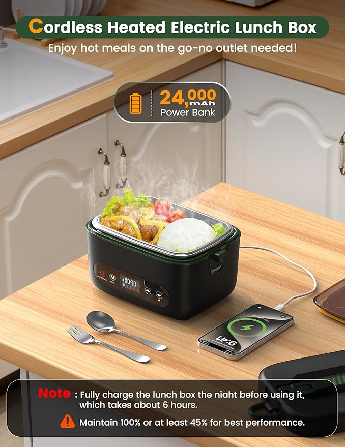 Cordless Electric Lunch Box, 1.2L Battery Powered Heated Lunch Box ??100W, 24000mAh Rechargeable Portable Self-Heating Food Warmer with 5-Sided Automatic Heating for Outdoors, Truck, Office, BPA-Free