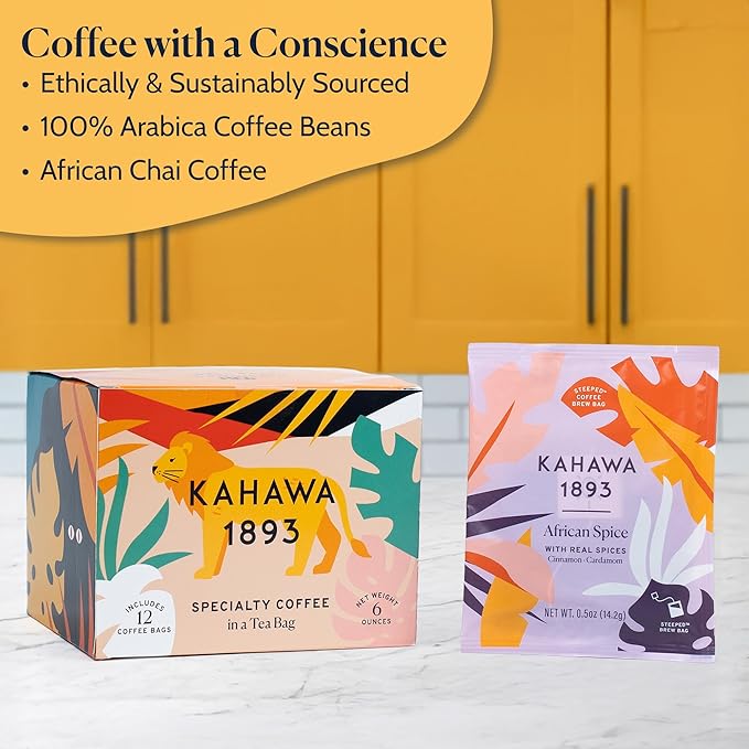 Kahawa 1893 Coffee Bags Medium Roast African Spice 12 Oz - With Cinnamon, Cardamom & Clove, As Seen on Shark Tank, High Antioxidants, Organically Grown, Ethically & Sustainably Sourced