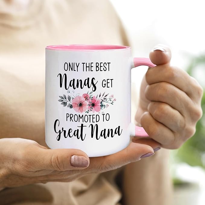 QASHWEY Nana Gifts Coffee Mug, Only the Best Nanas Get Promoted to Great Nana Coffee Cups Ceramic 11oz, NanaBirthday Gifts for Women, Grandma Gifts from Grandchildren Ceramic Tea Cup 11 Ounce(Pink)