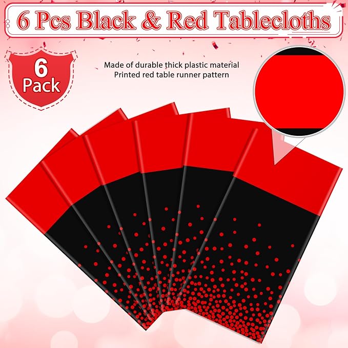 MASHAN 6Pcs Black and Red Tablecloth Party Decorations,Plastic Black Table Cloth Printed Red Table Runner Disposable Rectangle Cover for Birthday Weeding Anniversary Graduation Party,54 x108 Inch