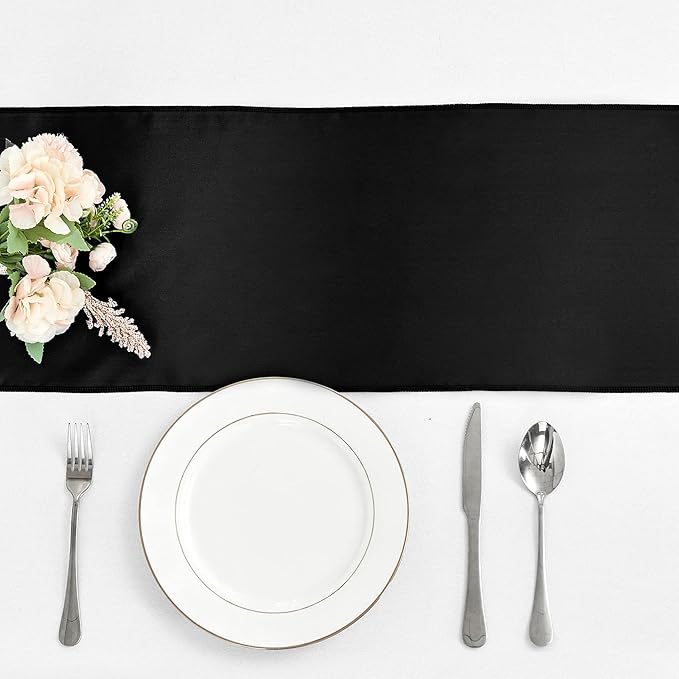10-Pack Black Satin Table Runner 12 x 108 Inch Long Bright and Smooth Silk Fabric Table Runner for Wedding Banquet Birthday Party Decoration