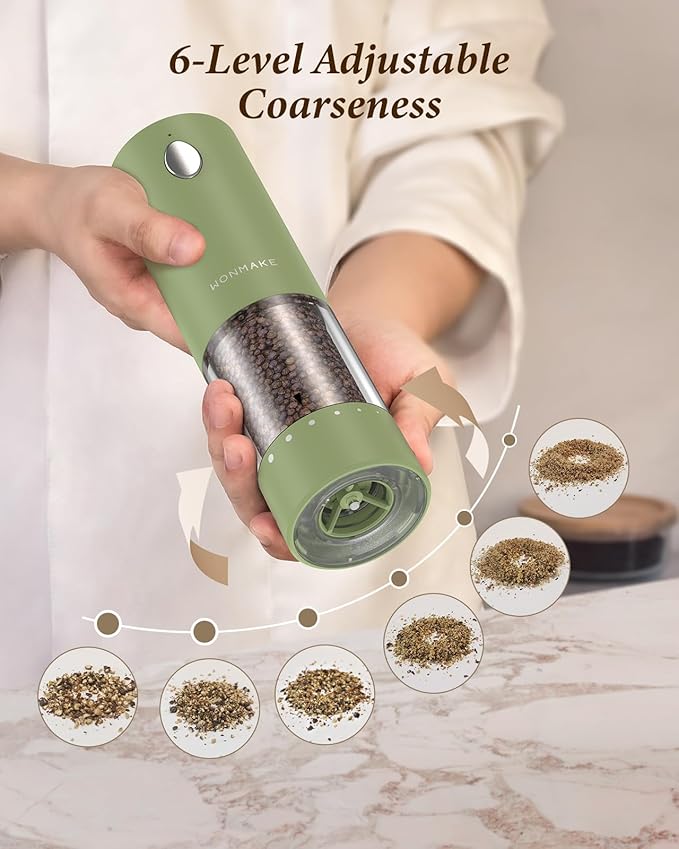 Electric Salt and Pepper Grinder Set - Automatic Refillable Salt and Pepper Grinders with Charging Base & LED Light, 6-Level Adjustable Coarseness with External Dial, Ideal Kitchen Gadget竊똆reen