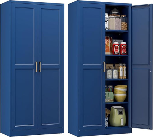 Kitchen Pantry Cabinet, 71 Inch Tall Metal Pantry Cabinet with Doors and Adjustable Shelves, Freestanding Food Cupboard, Storage Cabinets for Dining, Living Room, Navy Blue, Assemble Required
