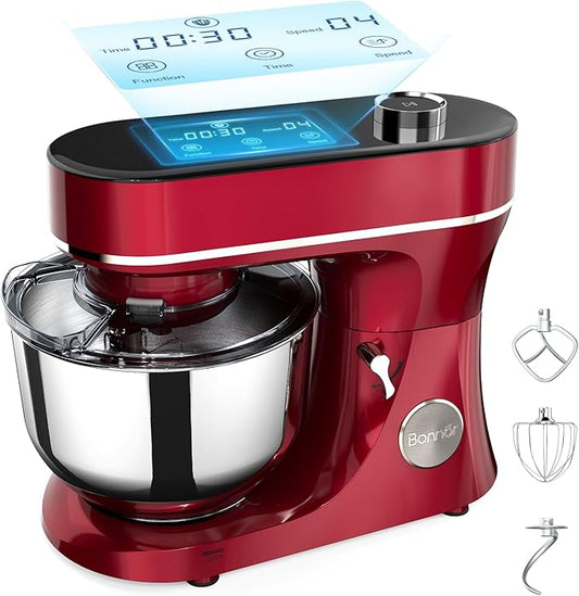 Stand Mixer 6QT Kitchen Mixer with LED Smart Touchscreen, 11-Speed Tilt-Head Mixer with Timer, 4 Preset Menus, Stainless Steel Bowl, Dough Hook, Whisk, Beater,Red