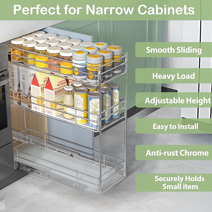 Pull Out Spice Rack Cabinet Organizer (7" W X 20쩍" D),3 Tier Slide Out Drawer for Narrow Cabinet, Pull Out Shelves Under Cabinet Storage for Kitchen