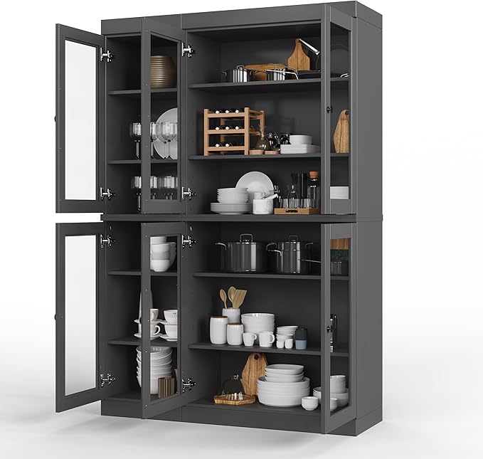 Palace Imports 100% Solid Wood 48.5" Pantry China Cabinet with Clear Glass Doors and Adjustable Shelves (Gray)