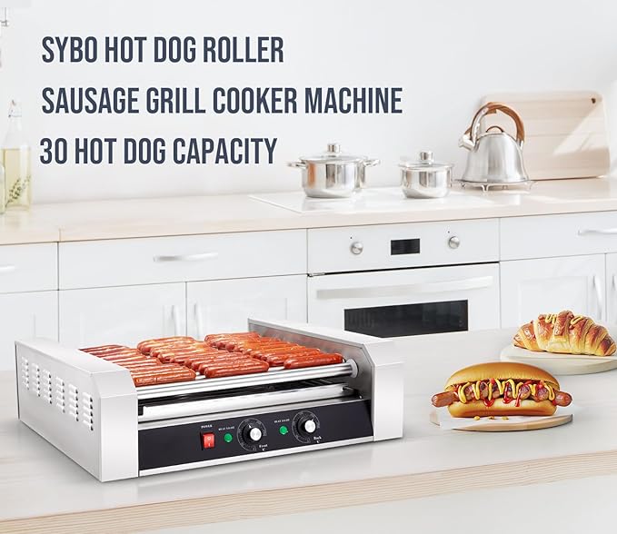 SYBO Hot Dog Roller, 30 Hot Dogs 11 Rollers Grill Cooker Machine with Removable Stainless Steel Drip Tray, 1430-Watts, Ideal for Commercial And Party Use