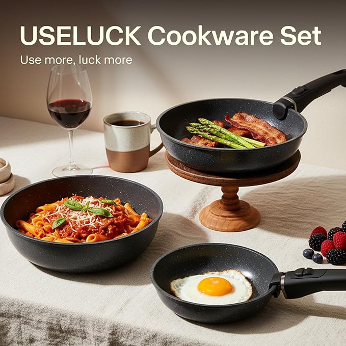 Pots and Pans Set Non Stick, Ceramic Cookware Sets 21 PCS, Granite Induction RV Kitchen Portable Stackable Cooking Set Removable Handles, Dishwasher 竊?Oven Safe, Black