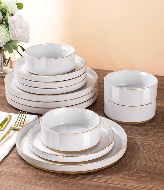 AmorArc Ceramic Dinnerware Sets for 4, 12 Pieces Handpainted Plates and Bowls Set with Rustic Terracotta Underside, Scratch Resistant Stoneware Dishes Set, Dishwasher & Microwave Safe