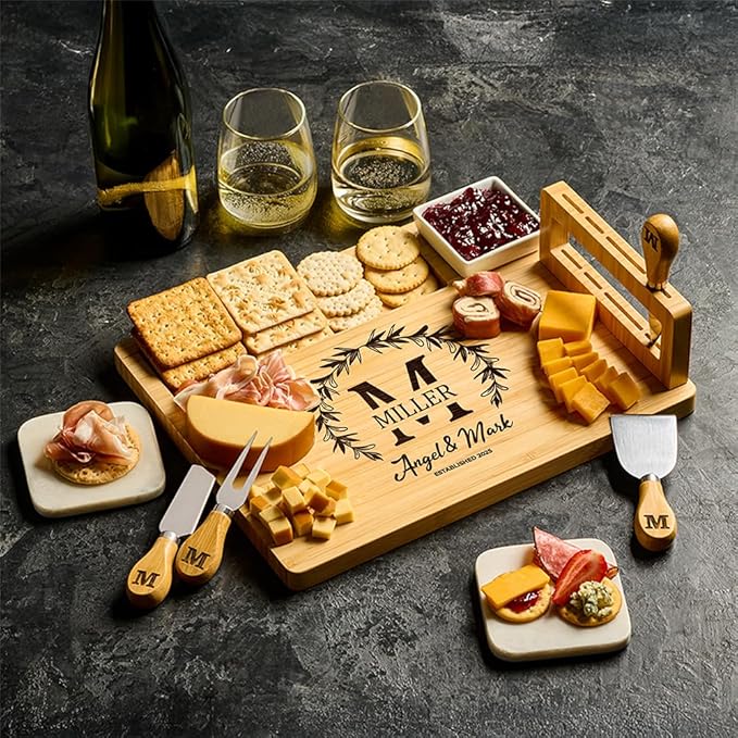 Custom Charcuterie Board - Monogrammed Gifts for Couples, Personalized Cheese Board Gift Set, Bamboo Wooden, Engagement Gifts, New Home Gift Ideas, Wedding Gifts