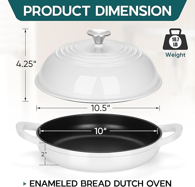 E-far Dutch Oven for Sourdough Bread Baking, 6 Qt Round Enameled Cast Iron Dutch Oven for Homemade Artisan Bread, Dome Lid & Shallow Base, Matte Black Interior & Durable, Oven-Safe to 500?? White