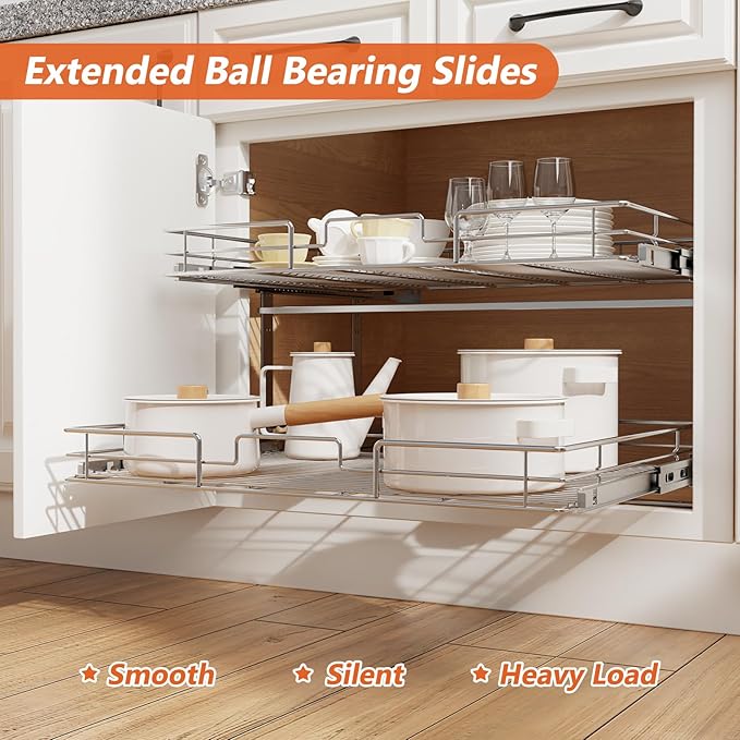 ROOMTEC Individual Pull Out Cabinet Organizer (28쩍" W x 21쩍" D), 2 Tier Spice Rack Organizer for Cabinet, Slide Out Drawer Pantry Shelf Organization and Storage for Kitchen Bathroom