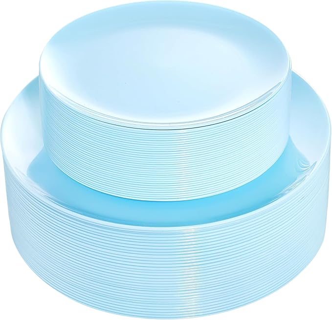 KIRE 60PCS Blue Plastic Plates Disposable - Heavy Duty Light Blue Plates Include 30Pcs 10.25??Dinner Plates and 30Pcs 7.5??for Dessert/Salad in Baby Shower/Picnic