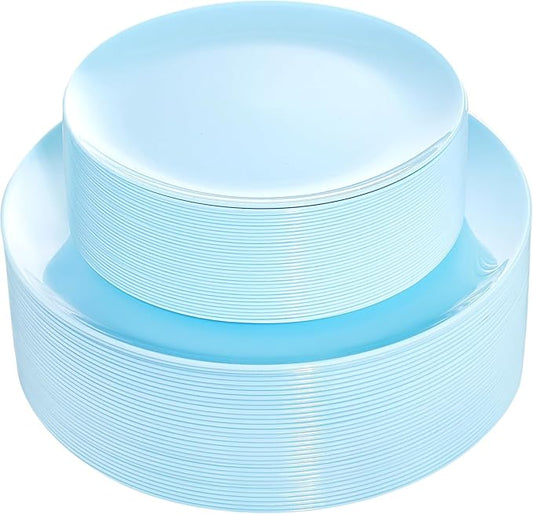 KIRE 60PCS Blue Plastic Plates Disposable - Heavy Duty Light Blue Plates Include 30Pcs 10.25??Dinner Plates and 30Pcs 7.5??for Dessert/Salad in Baby Shower/Picnic