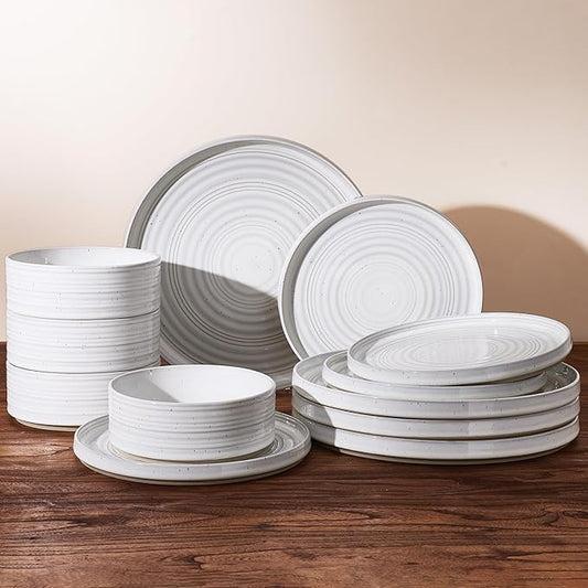 Stoneware Dinnerware Sets, Dish Set for 4, 12 Pieces Spiral Dishware Set with Straight Rim, Speckles & Reactive Glaze - Microwave and Dishwasher Safe Tableware, White