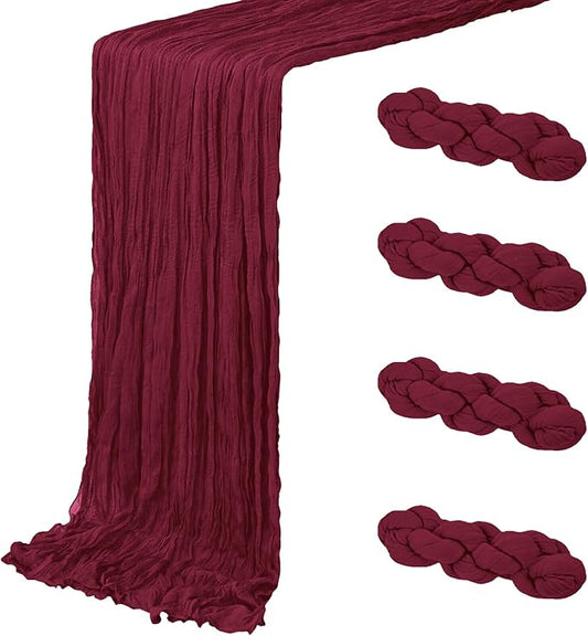 4 Pack Burgundy Cheesecloth Table Runner 20 x 120 inch Gauze Table Runners 10 FT Long,Semi Sheer Boho Cheese Cloth Fabric Table Runner Bulk for Party,Wedding,Baby Shower,Bridal Shower Decoration