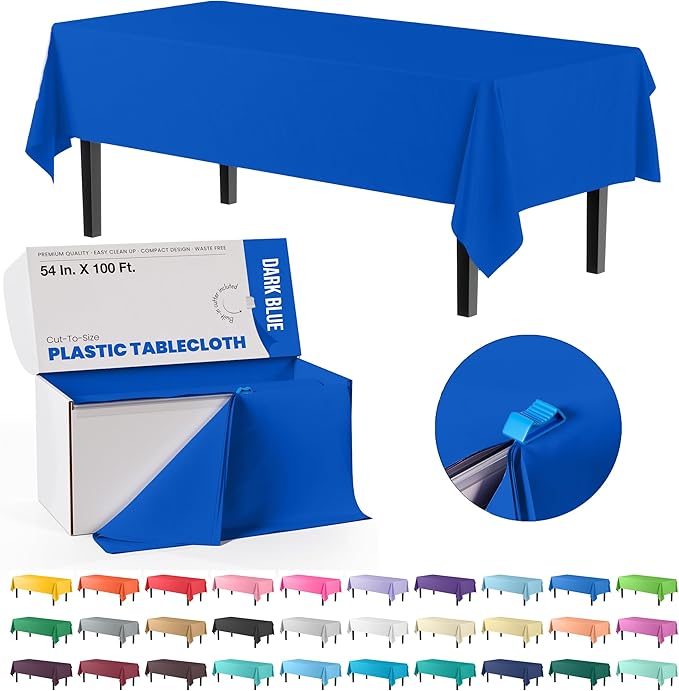 Party Solids 54 Inch X 100 Feet Dark Blue Plastic Table Cover Roll in A Cut - to - Size Box with Convenient Slide Cutter. Cuts Up to 12 Rectangle 8 Feet Plastic Disposable Tablecloths
